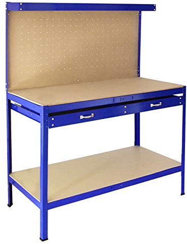 Banco de Trabajo Azul Metal 155x120x60cm+Tablero de Clavijas+Cajón Capacidad Peso 200kg Mesa de Trabajo Metálica Metálico Almacenamiento Herramientas Taller Garaje Bricolaje Mazo+40 Ganchos Gratis