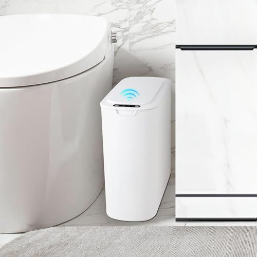 TIPGO Automatic Motion Sensor Bathroom Trash Can with Lid, 2.6 Gallon Touchless Trash Bin, Smart Garbage Can Plastic Slim Wastebasket for Bedroom, Office, Dorm (White)