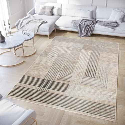 TAPISO Crystal Teppich Kurzflor Glänzend Dunkelgrau Hellgrau Weiß Beige Streifen 3D Effekt Wohnzimmer Schlafzimmer Modern Design ÖKO-TEX 300 x 400 cm | Geometrisch 3D Effekt Wohnzimmer Schlafzimmer Modern Design OEKO-TEX