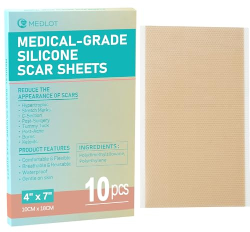 MEDLOT Silicone Scar Sheets, Large 10Pcs 4” x 7” Each, Medical Silicone Tape for Scar Treatment, Scar Patches for C-Section, Keloid Bump, Stretch Marks, Burn, Acne, Surgical Scar Removal