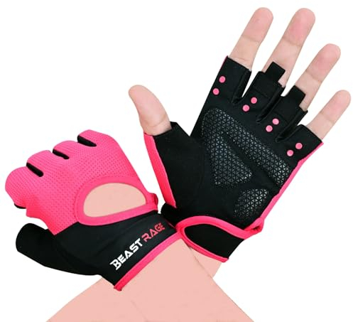 BEAST RAGE Fitness-Handschuhe, atmungsaktiv, für Männer und Frauen, Gewichtheben, Bodybuilding, Fitnessstudio, Training, rutschfest, Crossfit, Krafttraining, Radfahren (PINK, L)