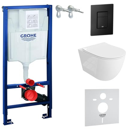 LAVITA Élément mural Solido + WC suspendu Sinto Grande blanc sans bord + abattant WC SoftClose | Bouton noir | Kit complet | Réservoir de chasse encastré | Kit complet | WC complet |
