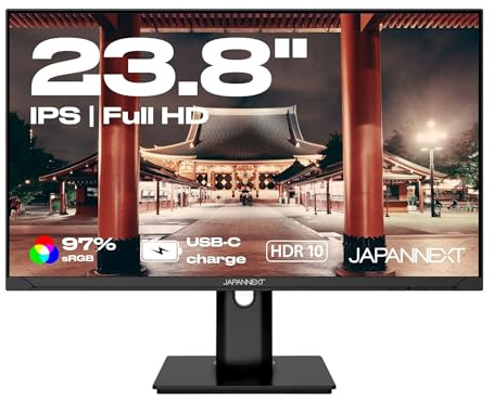 JAPANNEXT PC-skärm | 23,8 tum | Full HD | justerbar lutning | porträttläge | blått ljusfilter | Power Delivery Via USB-C | bild-för-bild-funktion