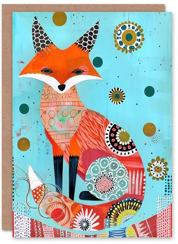 Artery8 Fox Folk Art Portrait Colourful Pattern Design Greeting Birthday Card Him Her All Blank