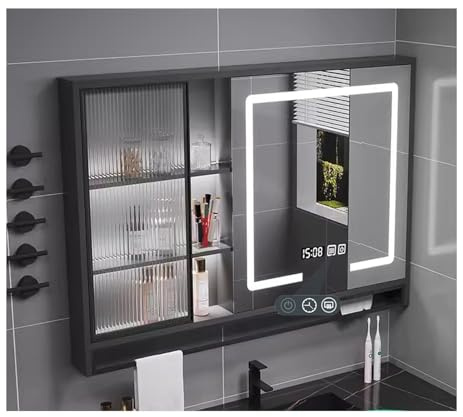 Spiegelschrank Bad mit LED, spiegelschrank mit beleuchtung,badezimmerschrank mit spiegel,Beleuchtung Badezimmerschrank Hängeschrank Badezimmerspiegel，Handtuchhalter(Black,W150*H75cm/W59*H29.5in)
