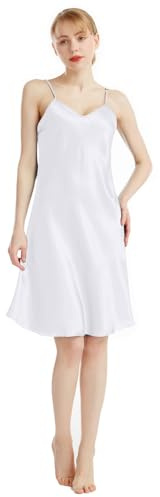 Everbellus Imitation Siden Dam Sommar Nattlinne Sexig Mjuk Siden Underklänning Med Justerbara Axelremmar S-XL, Vit, L