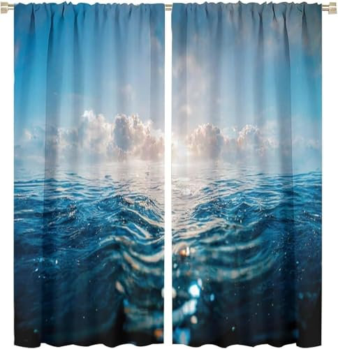 Vorhang Blickdicht Gardinen Mit Ösen - 2 Stücke 150 (B) X 166 (H) cm Verdunklungsvorhänge 3D Strandlandschaft Muster Thermovorhang Für Kinderzimmer Schlafzimmer Weihnachtsgardinen 9426352084085