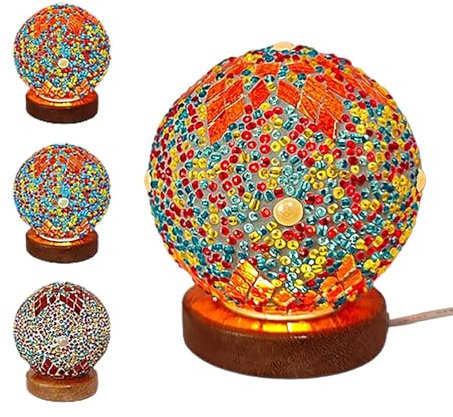 Tomotato Lampe de Table Turque, Lampes en Verre Mosaïque avec Base en Bois, Lampe en Verre Mosaïque Colorée Faite à La Main, Lampe Marocaine Vintage pour Salon, Décoration d'halloween (Maroc-Orange)