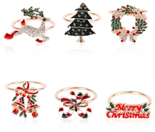 6pz Anelli per Tovaglioli di Natale, 6 Design Fibbia per Porta Tovaglioli di Natale Albero Natale Buon Natale Ghirlanda Renna Anelli per Tovaglioli Dorati per Tavolo Cena Festa Decorazione