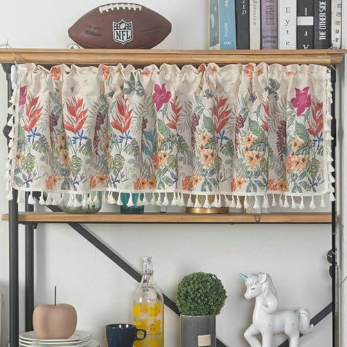 Beydodo Vorhang Blickdicht Kurz, Küchengardine Landhausstil Bedruckt Blumen Blätter mit Quasten 150x45CM Scheibengardine Bistrogardine Küche, 1 Stück