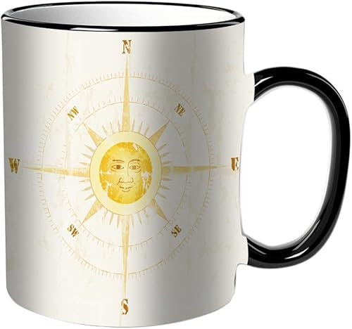 KDWJS Tasse Keramik Kaffeetassen Große 11oz Tassen 330ml Trinkgläser Mit Griff Personalisierte Geschenk Weiß,Vintage Kompass