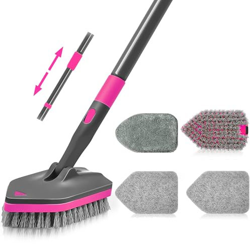 NEWE Brosse de Nettoyage, Brosse à Récurer avec Manche Long Télescopique 142 cm, 4 Têtes de Lavage pour Nettoyer la Salle de Bain, la Baignoire, Le Sol, la Plinthe, l'évier, la Cuisine (Rose Rouge)