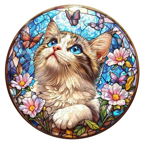 KaayeeWood Holzpuzzle Erwachsene,Ragdoll und Schmetterling Holzpuzzle,Einzigartige Wooden Puzzle Mit Geschenkbox,Geschenke für Kinder und Erwachsene(34 * 34cm-300 Stück)