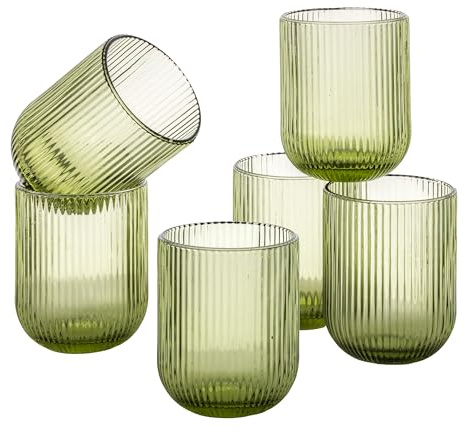 Baroni Home Set 6 pz di Bicchieri in Vetro Colorati e Decorati con Righe in Rilievo 30 CL, Bicchieri Eleganti Lavabili in Lavastoviglie, 8x8x10 cm, Verde