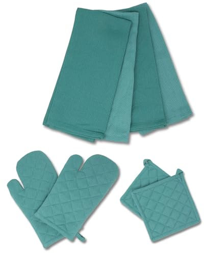 gws 8-teiliges Küchen-Set, Petrol– 1 Paar Ofenhandschuhe, 1 Paar Topflappen und 4 Geschirrtücher, 100% Baumwolle, hitzebeständig und waschbar