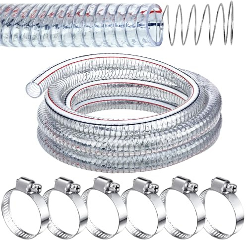 Frienda Heavy Duty Steel Wire Flexible Tubing with Fasteners PVC High Pressure Oil Drain Hose Tube Clear Wire Reinforced for Pond Marine Bilge Pump Garden Pool(10 Ft, 1-1/4Inch Id)