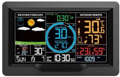 TIEOAXFT Multifunctional Weather Station Temperature Humidity Wind Speed Direction Rainfall Monitor Weather Forecast Alarm Clock Backlit
