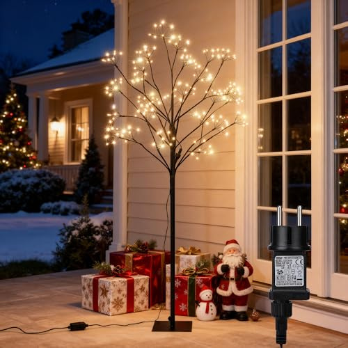 Joomer Luces de Navidad Exterior Enchufe, 216 LED Luces Arbol Navidad a Metal, 2 Modos LED Arbol Navideñas a Alambre de Cobre Impermeable con Temporizador para Decoracion Salón Interior, Blanco Cálido