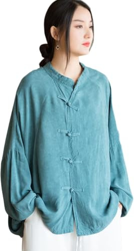 Lazutom Chemisier chinois en coton et lin pour femme - Coupe ample boutonnée - Manches longues - Pour pratique du Kung Fu et du Qi Gong, bleu, Taille unique