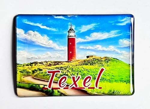 Souvenir Kühlschrankmagnet – Texel Niederlande – Hochglanz Epoxy Magnet mit Leuchtturm Motiv, flach und vollmagnetisch – Reiseandenken oder Geschenk aus Niederlande, Souvenir aus Texel