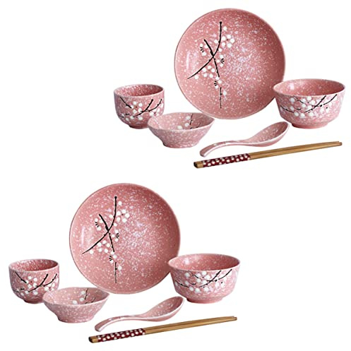 BEBEMOKO Juego De Cubiertos De Cerámica Rosa 12 Piezas Hogar Tazones, Platos, Cucharas y Palillos, Utensilios Para Servir Cenas Japonesas, Kit De Cubiertos Para Uso Diario