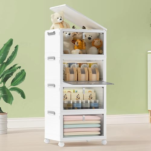 COOSEYA 23L Storage Boxes with Lids,4-Tier Stackable & Foldable Storage Boxes with Wheels,Bathroom Kitchen Wardrobe Storage & Organisation- Plastic Storage Drawers