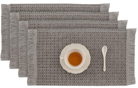 Komforbaa Set di 4 Tovagliette in Stile Lino 50x33cm, Tovagliette Intrecciate a Mano con Frange, Antiscivolo & Decorazione da Tavola in Stile Giapponese per Cucina e Sala da Pranzo Grigio