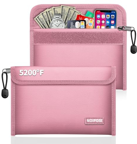 Noiposi 2er Pack Feuerfeste wasserdichte Tasche 21,5x14cm 5200℉ | 8-lagige Feuerschutztasche Geldtasche, mit Kartenschlitz, Schützt Bargeld, Reisepass für Zuhause & Reisen, Rosa