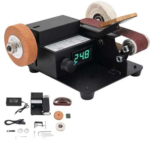 ROGONPDK Mini levigatrice a nastro, velocità regolabile desktop levigatrice a nastro 0-10000r, rettificatrice da tavolo, doppia testa lucidatrice, tornio rettificatrice