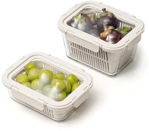 Frischhaltedosen Glas mit Abtropfsieb,Kühlschrank-Organizer Glas,luftdichte Aufbewahrungsbox für Gemüse und Obst, Obst Gemüse Aufbewahrung,1050 ml und 1800 ml,Siebeinsatz und BPA-freien Silikondeckeln