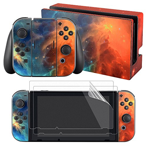 eXtremeRate Autocollant pour Nintendo Switch Manette,Sticker Skin pour Switch Console & Joycon & Dock avec 2 Protection d'Écran-Galaxie Orange