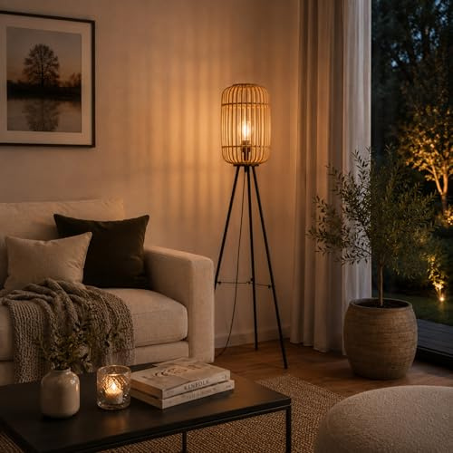Lightbox dekorative Dreibein-Lampe - Stehleuchte im Nature-Style mit | Stehlampe mit Rattan Lampenschirm | Dreibein Standleuchte mit Fuß-Druck-Schalter als Schlafzimmer oder Wohnzimmer Deko | E27