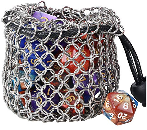 YOUSHARES Drawstring Game Dice Bag - Stainless Steel Chainmail DND Dice Pouch for Metal Polyhedral D&D Dice Set, Coin