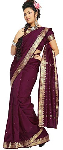 Sanskruti India Womens Indian Ethnic Traditional Banarasi Art Silk Saree Sari Wrap Fabric Dress Drape (Wine)