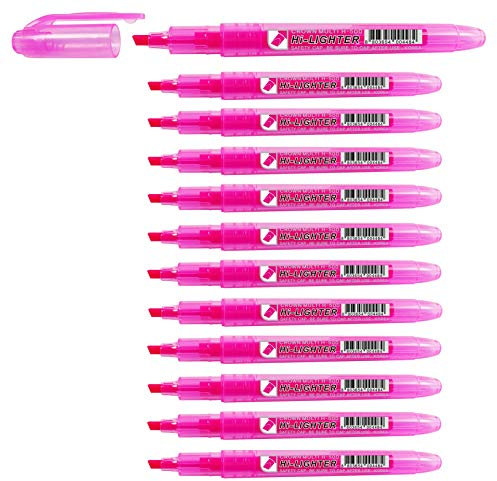 CROWN H-500 Highlighter Pens Chisel Tip Slim Highlighters - Pack Of 12 - With Bright Fluorescent Ink - Pink 29628X