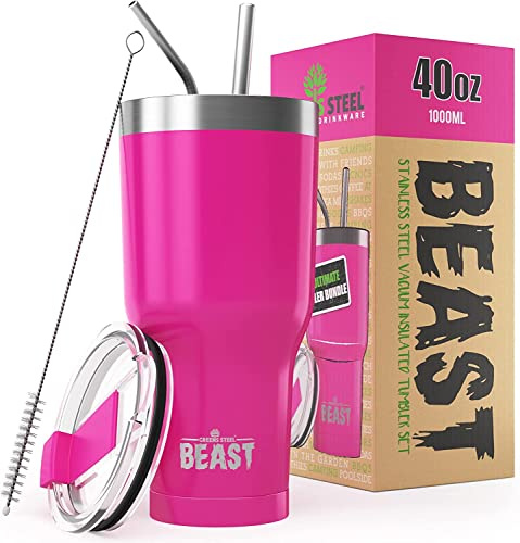 Beast Tumbler – 1050 ml (40 oz), Rose Cup Cake | Gobelet isotherme en acier inoxydable réutilisable | Avec 2 pailles et brosse de nettoyage | Double paroi, idéal pour café chaud ou glacé | Sans BPA