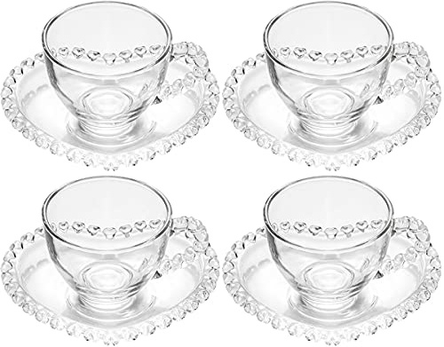 Sizikato Set di 4 tazze e piattini in vetro trasparente, 85 g, con piattino a forma di cuore