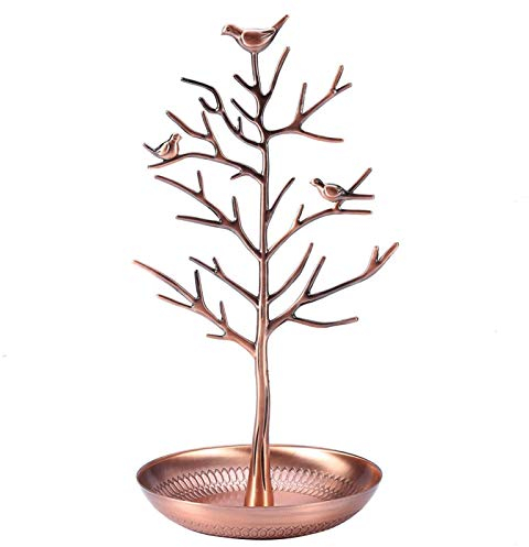 VIFERR Portagioie Donna a Forma di Albero, Espositore a Forma di Albero Portagioie a Torre per Alberi con Base 3 Uccello per Anello Orecchini Collana Braccialetto (Bronzo)