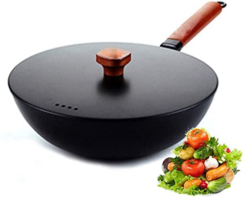 MNSSRN Wok de hierro fundido, Wok de fondo redondo, Wok tradicional de un solo mango, Sartén antiarañazos, Wok de doble oreja, Cocina