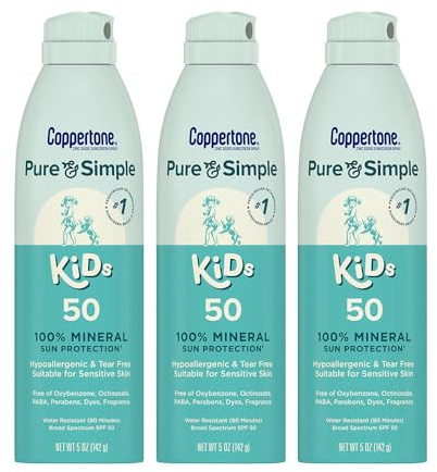 Coppertone Pure and Simple Kids Sunscreen Spray SPF 50, Zinc Oxide Mineral Sunscreen for Sensitive Skin, Hypoallergenic and Tear Free, 5 Oz Can, Pack of 3