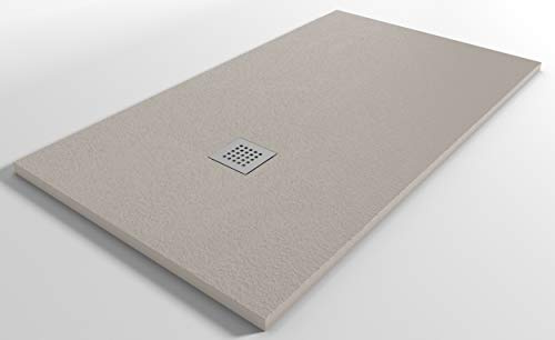 NOVASTONE Piatto Doccia Riducibile - Effetto Pietra - in Resina Minerale StoneLine - Foro Piletta Decentrato - Made in Italy (Sabbia, 120x80)