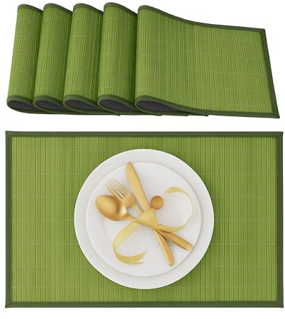 Relaxdays Tischset, 6er Set, Bambus, Stoffrand, rutschhemmend, 45x30 cm, Teller, Esstisch, eckiges Platzset, Farbwahl