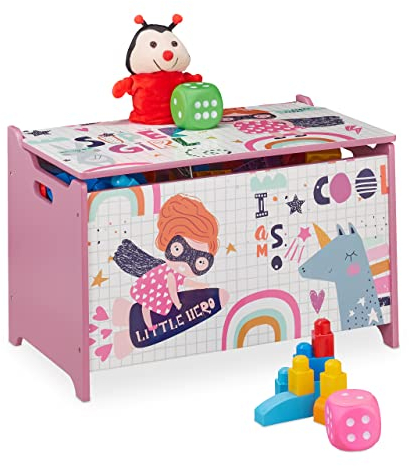 Relaxdays Spielzeugtruhe, mit Heldin-Motiv, Spielzeugkiste mit Deckel, HBT: 39x60x36,5 cm, MDF, Spielzeugbox, rosa/weiß