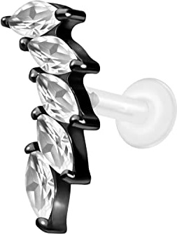 PIERCINGLINE PTFE Labret mit Gewinde Titan Aufsatz 5 KRISTALLTROPFEN Piercing Lippe Nase Ohr Helix Tragus Medusa Schwarz 1,2 x 5 mm