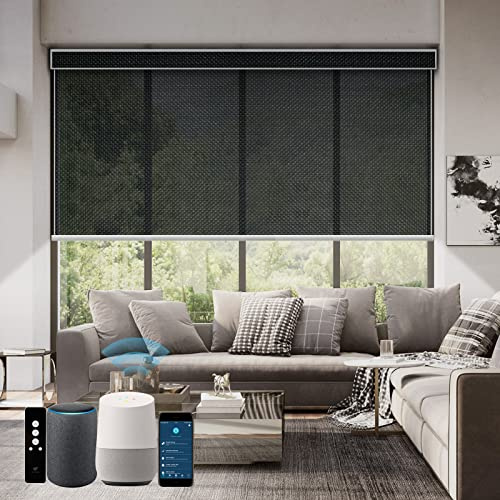 SmartWings Motorized Roller Shades 5% Openness Work with Homekit, Alexa SmartThings Google, Zigbee Motor Smart Blinds for Windows, Cordless Remote Window Shades, Rechargeable, Customized, Black