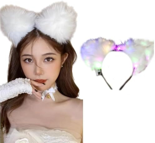 Leuchtende Stirnbänder mit LED-Katzenohren, Stirnband, Kunstfell, niedliches farbiges Licht für Weihnachten, Party, Cosplay, Halloween, Geburtstag, bunt, Medium