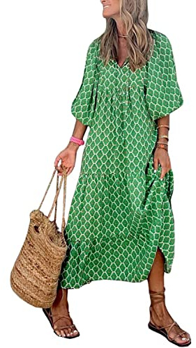 miduo Vestido Largo de Verano con Cuello en V y Media Manga con patrón geométrico Bohemio para Mujer, A Green 001, Large