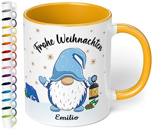 True Statements Weihnachtstasse mit Namen personalisiert „Frohe Weihnachten“ - mit Wichtel-Motiv und Spruch - 330ml Keramik Kaffeebecher – Geschenk-Idee zu Weihnachten (Goldgelb)