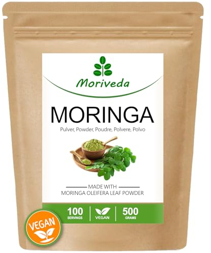 Moringa Pulver 500g - Vegan und glutenfrei - Mikrofeines Oleifera Blattpulver enthält Vitamine, Proteine, Aminosäuren, Mikronährstoffe mit höchster Bioverfügbarkeit - von MoriVeda - 1 x 500g