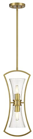 Savoy House 7-9703-2-322 Bennington Modern Vintage Clear Ribbed Glass Pendant Light Fixture, 2-Light 120 Total Watts, 22 H x 9 W, Warm Brass